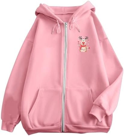 Women's Christmas Snowflake Print Zipper Long Sleeved Pocket Drawstring Casual Sports Hoodie Womens Winter Shirts