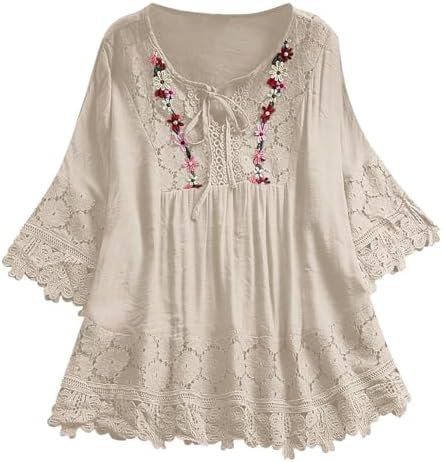 Women Vintage Lace Patchwork Bow V Neck Three Quarter Blouses Top T Shirt Top Women Tunic