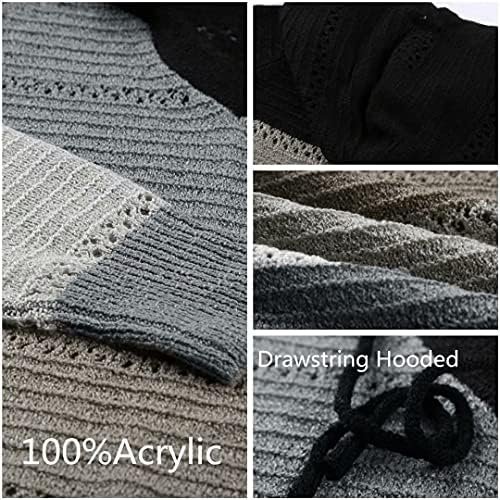 Women Color Block Hooded Crochet Striped Sweaters Lightweight Drawstring Hoodies Pullover Trendy Sweatshirts