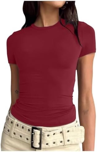 Women's Slim Tops Long Sleeve Round Neck Crop Top Tee Shirt Basic Solid Tight Slim Fit Cropped Shirt Workout Yoga