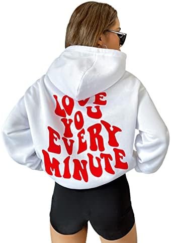 Women's Letter Graphic Print Back Drawstring Long Sleeve Hoodie Pocket Sweatshirt