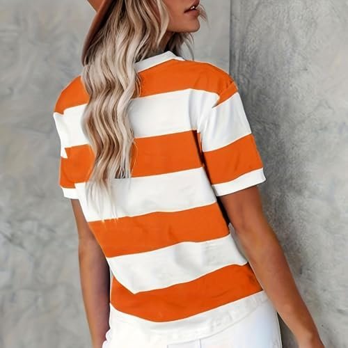 Summer New European and Fashion Stripe Print Round Neck Short Sleeve Casual T Shirt Women Girls Cotton