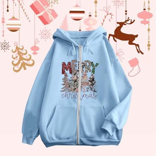 Christmas Women's Printed Zipper Long Sleeve Pocket Drawstring Casual Sports Hoodie Womens Sweater