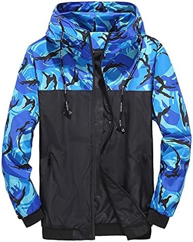 Men's Casual Printed Patchwork Hooded Top Lapel Drawstring Long Sleeve Zipper Jacket Windproof Warm Top