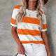 Summer New European and Fashion Stripe Print Round Neck Short Sleeve Casual T Shirt Women Girls Cotton