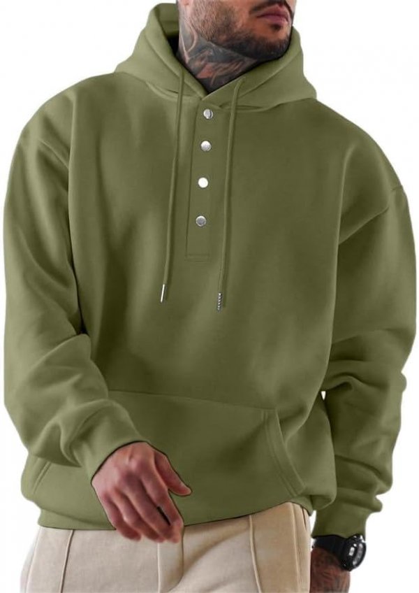 Mens Cotton Hooded Button Collar Drawstring Hoodies Pullover Sweatshirts Casual Long Sleeve Shirts with Pocket