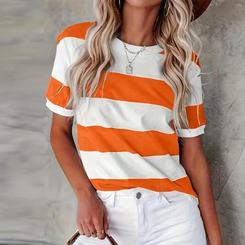 Summer New European and Fashion Stripe Print Round Neck Short Sleeve Casual T Shirt Women Girls Cotton