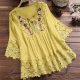 Women Vintage Lace Patchwork Bow V Neck Three Quarter Blouses Top T Shirt Junior Long Sleeve Top