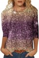 Women's Sequin Casual Printed Round Neck Loose Sleeved Quarter Sleeved T Shirt Top Womens Plain Long Sleeve