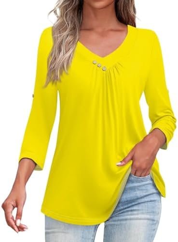 Plus Size Cotton Tops for Women Loose Fit Dressy Fall 3/4 Sleeve Shirts Casual V Neck Dress Tunic Tops for Women