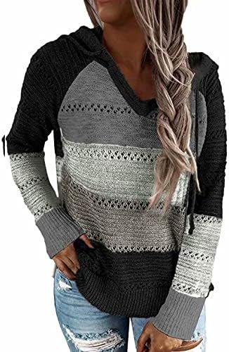 Women Color Block Hooded Crochet Striped Sweaters Lightweight Drawstring Hoodies Pullover Trendy Sweatshirts