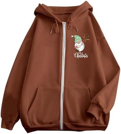 Women's Christmas Cute Printed Zipper Long Sleeve Pocket Drawstring Leisure Sports Hoodie Womens Sweatshirt